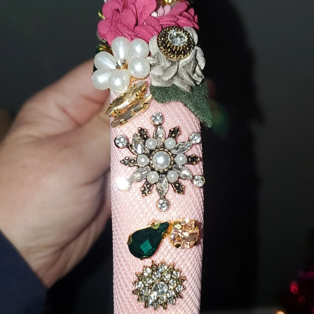 New handmade boutique luxury rhinestone floral fancy mid-wide flexible headband - Picture 6 of 8